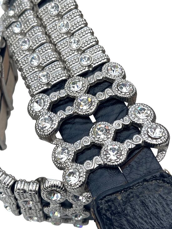 Vintage Black Leather Rhinestone Belt With Silver Buckle & Crystal Embellishment main image 5